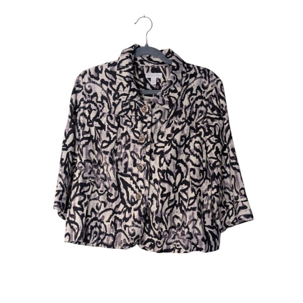 Charter Club Linen abstract Floral Pattern Button Front Crop Blazer Jacket Large